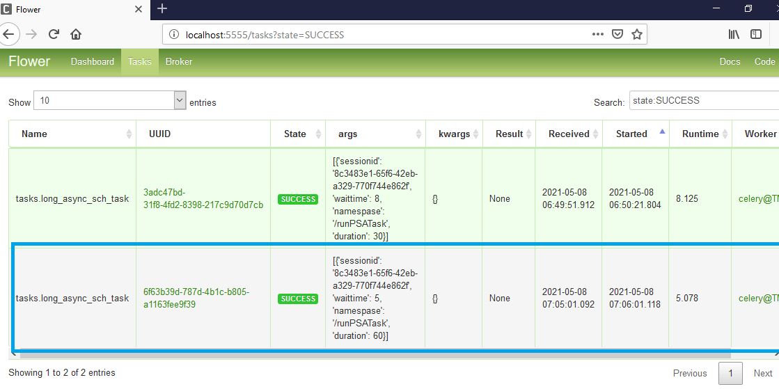 Task accomplished in Celery in Flower Dashboard