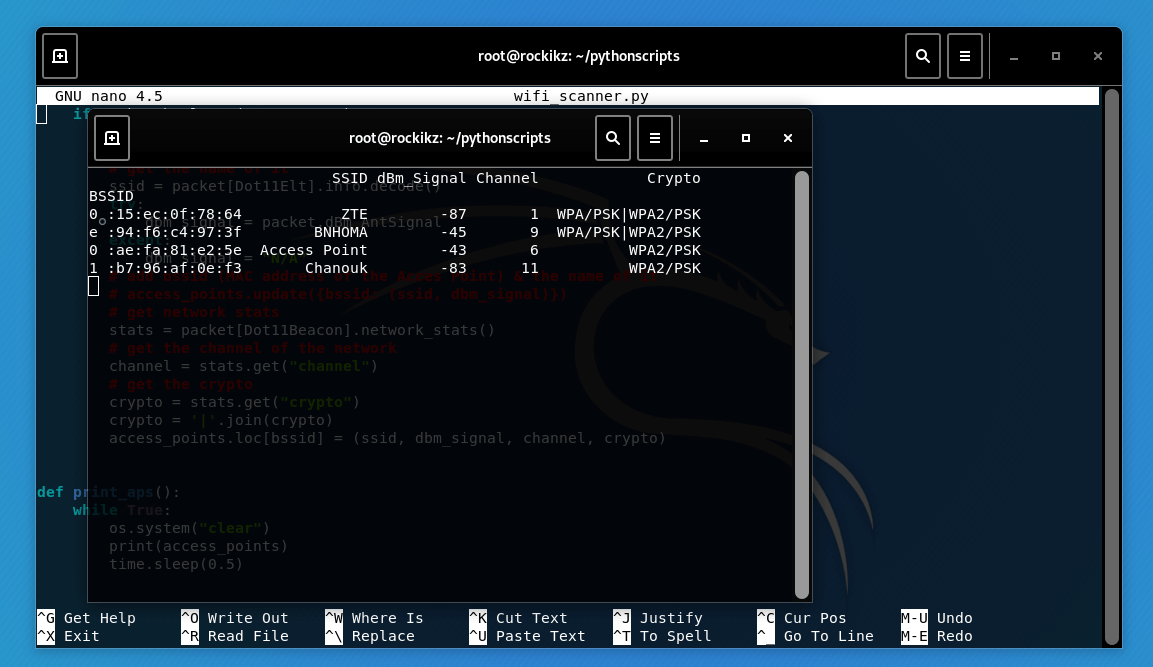Example execution of Wi-Fi Scanner using Scapy in Python