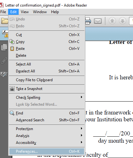 Going to Edit / Preferences in Adobe Acrobat