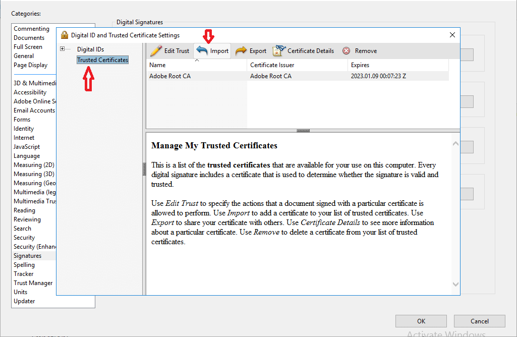 Selecting Trusted Certificates and pressing on Import